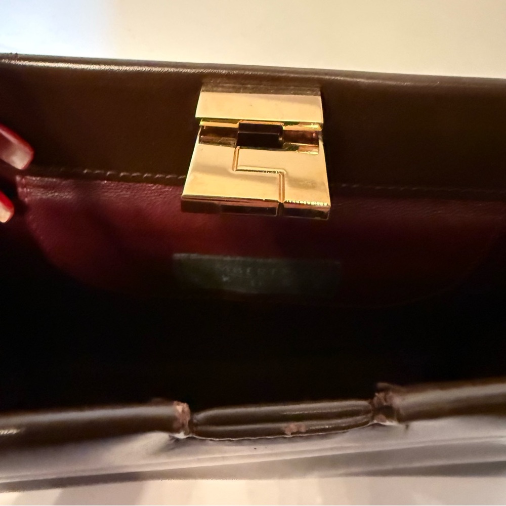 LAMBERTSON TRUEX SHOULDER BAG BROWN LEATHER 2 STRAP GOLD LEVER CLOSE - Picture 9 of 12